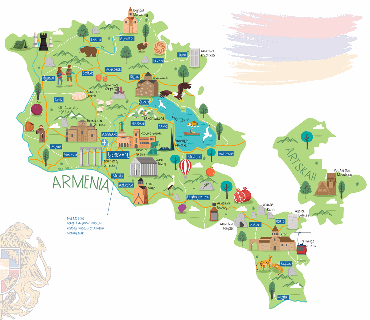 Illustrated map of Armenia and Artsakh with its landmarks